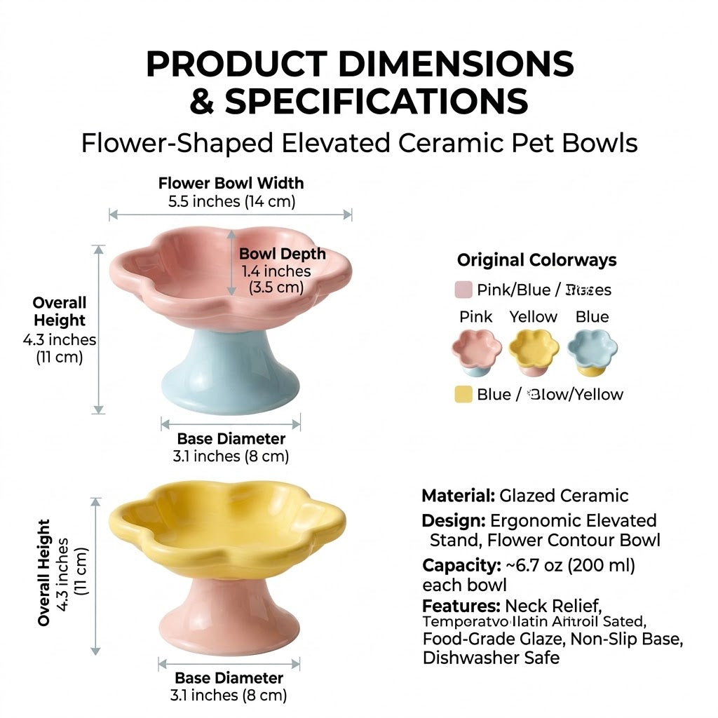 Flower-Shaped Ceramic Elevated Pet Bowl