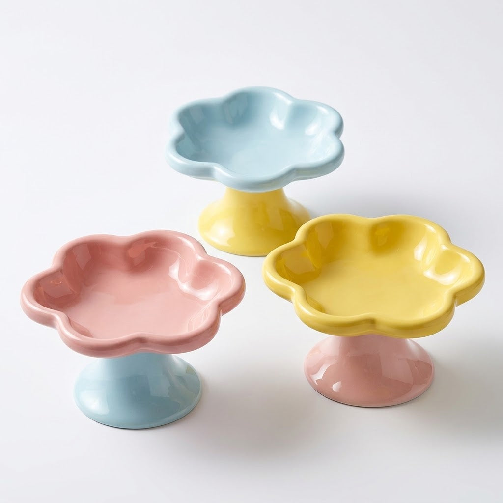 Flower-Shaped Ceramic Elevated Pet Bowl