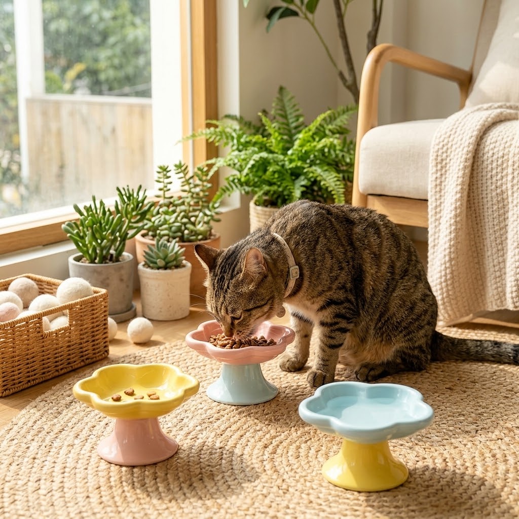 Flower-Shaped Ceramic Elevated Pet Bowl