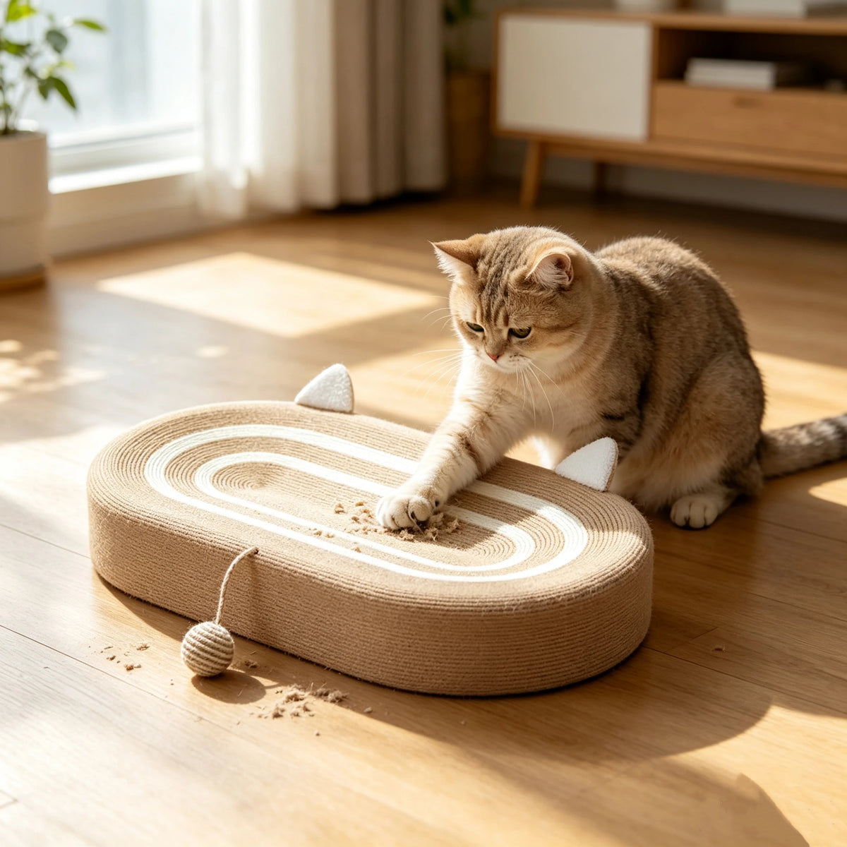 Oval Sisal Cat Scratcher with Hanging Toy Ball